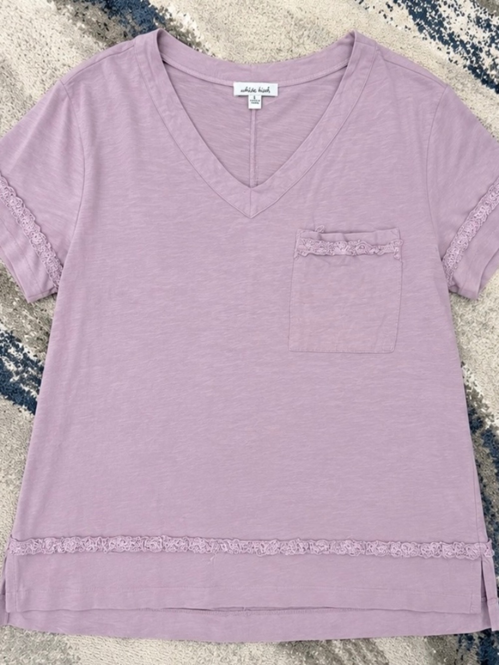 White Birch Lavender V-Neck Top Large Lace Trim Pocket Boho Blouse